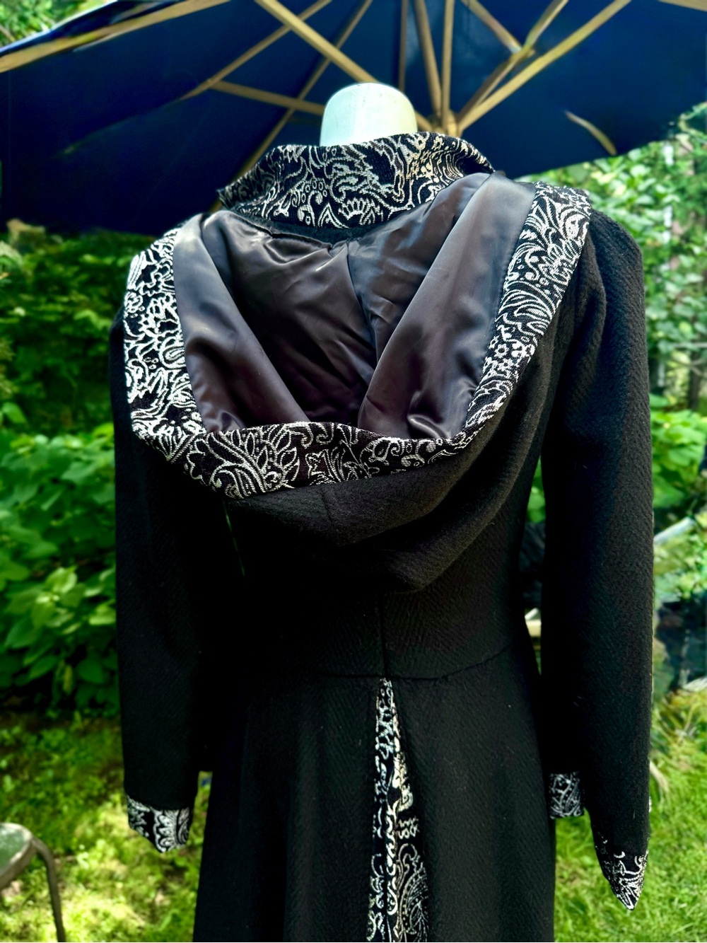 One of a kind Gothic Black wool Hooded Zip-Front Coat with Printed Trim - Picture 6 of 9